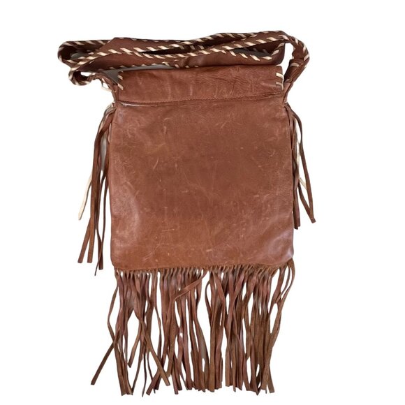 Handcrafted Brown Leather Crossbody Bag Red Rose Embroidery & Fringe Accents GUC - Picture 2 of 12
